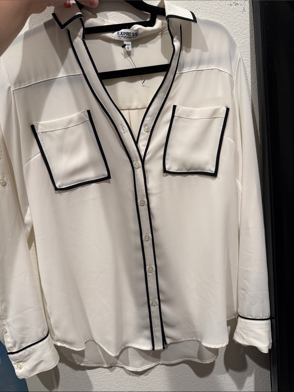 Express Ivory Button-Up Blouse with Black Trim